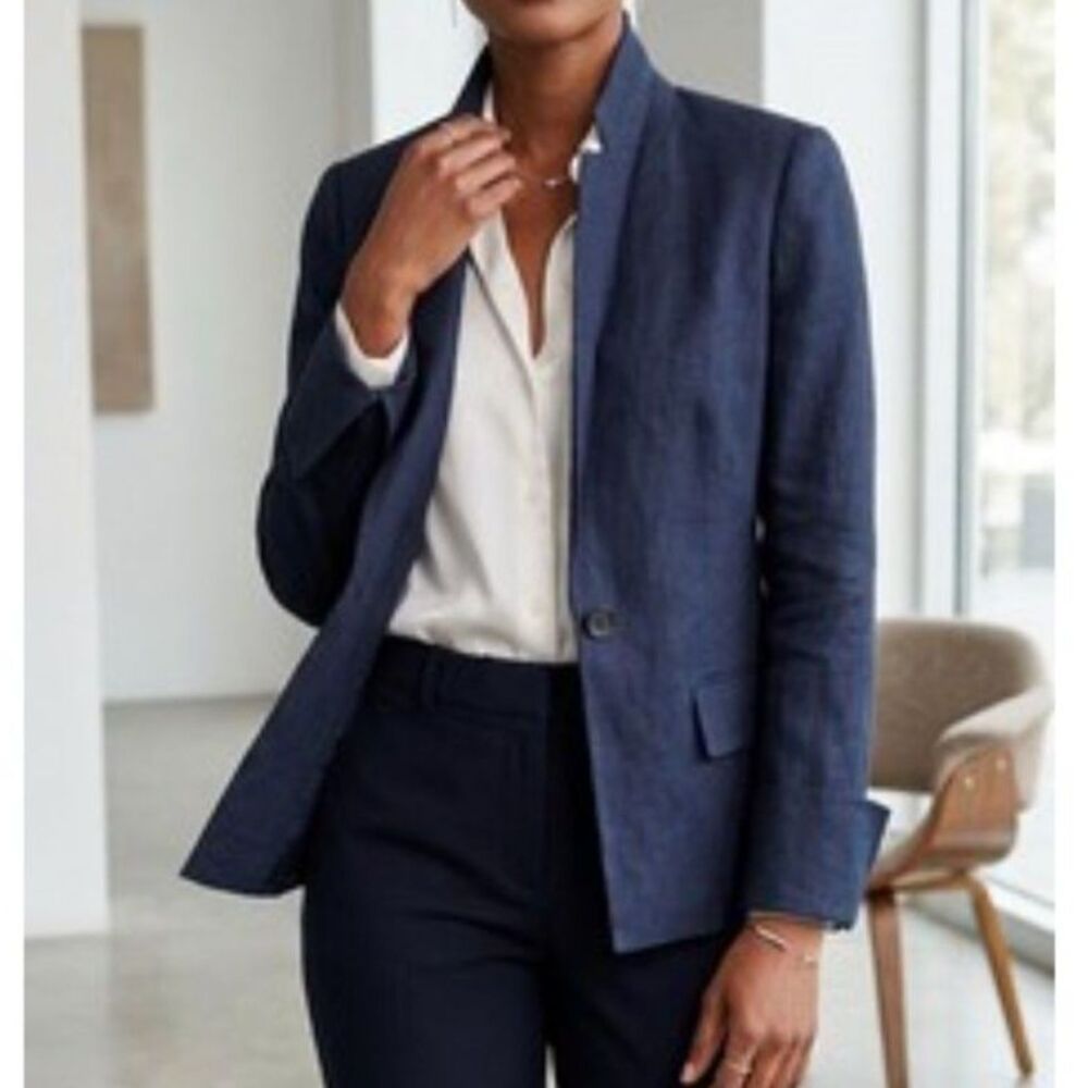 Diane Von Furstenberg Jacket womens Sz 2 Blue Bianca Linen Blazer preppy career